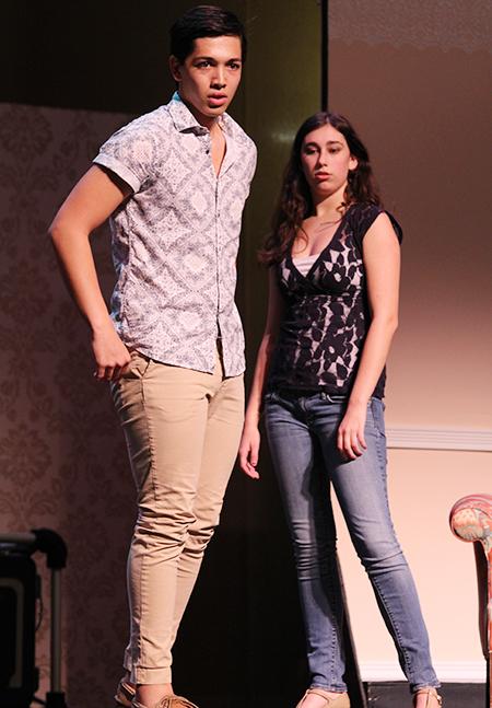 Seniors Chris Davis and Carla Hardy have a serious moment during 'The Drowsy Chaperone.'