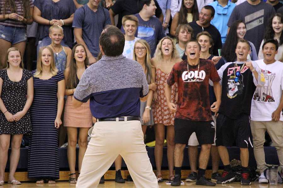 Members of the Class of 2017 react to coach Jim Prince's opening day pep rally speech last August. DEA CELAJ/FILE PHOTO