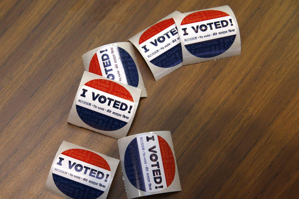 Voting stickers will be prominently displayed Tuesday, May 8 -- IF people choose to head to the polls. (Jose M. Osorio/Chicago Tribune/TNS)
