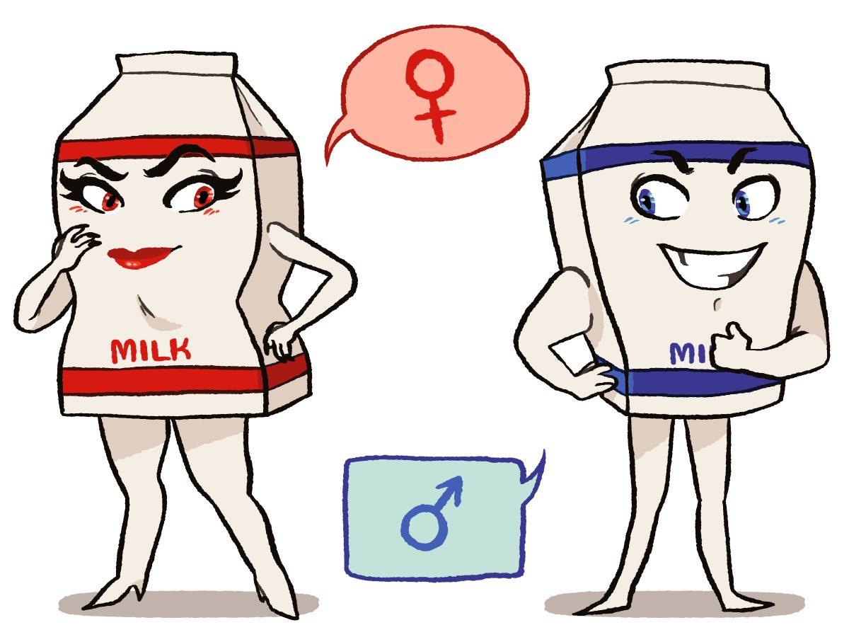 Advertisers have assigned specific genders to inanimate objects for years, such as milk cartons displaying 'feminine' and 'masculine' traits that inspired this graphic. Despite great strides made in American society, gender stereotypes remain.  GRAPHIC BY JACKIE KUHN / Special to Nighthawk News