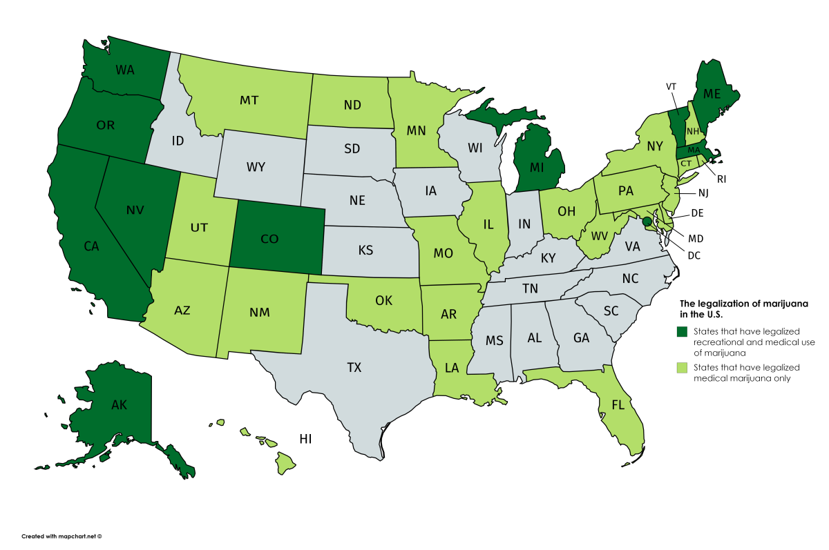 This map of the U.S. showcases which states have legalized marijuana, both medically and recreationally. The legal buying age in these states is 21, the same for alcohol. GRAPHIC BY HUNTER HASKETT / Nighthawk News