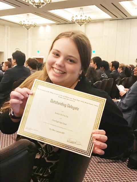 Senior Natalia Madison poses with her Outstanding Delegate award from the William & Mary Model UN Conference, which took place in November.