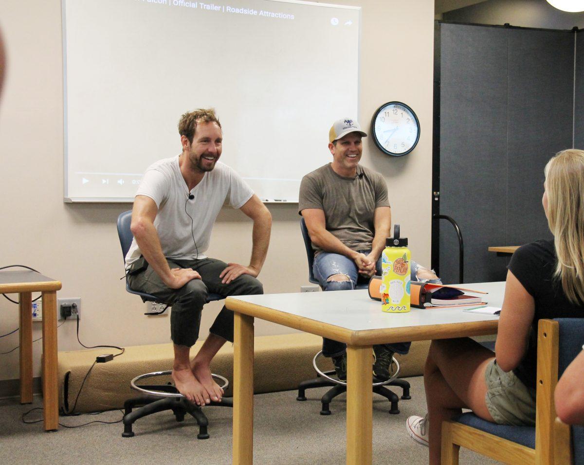 Tyler Nilson (left) and Michael Schwartz (right)visit with students earlier this school year while in town to celebrate the release of 'The Peanut Butter Falcon.' Nilson grew up in Colington. PHOTO BY MADISON MURRY/Shorelines Yearbook