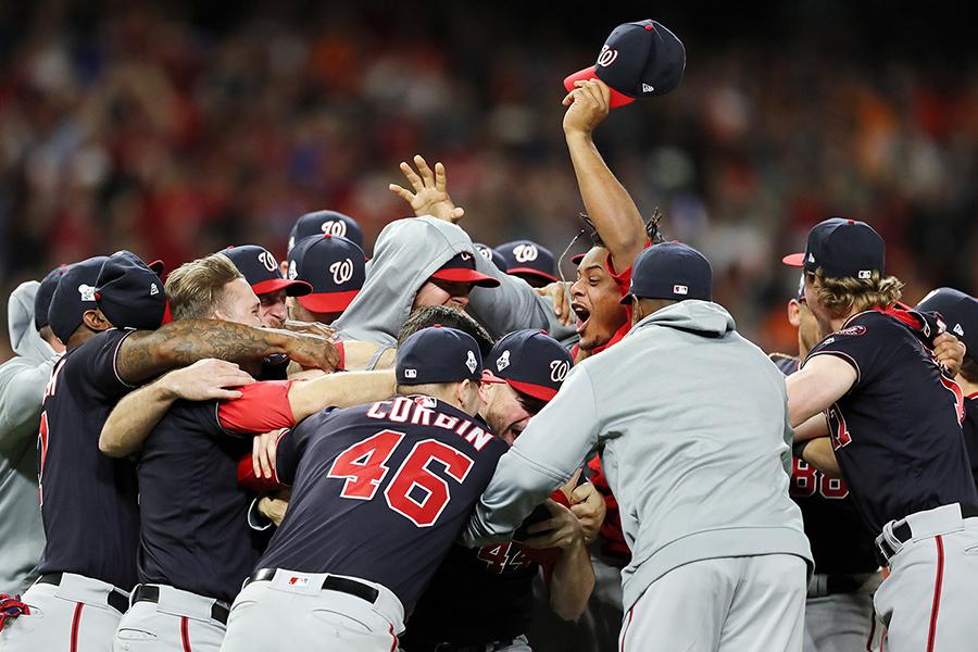 The Washington Nationals celebrate after defeating the Houston Astros, 6-2, in Game 7 of the World Series at Minute Maid Park in Houston on Oct. 30, 2019. (Photo by Elsa/Getty Images/TNS)
