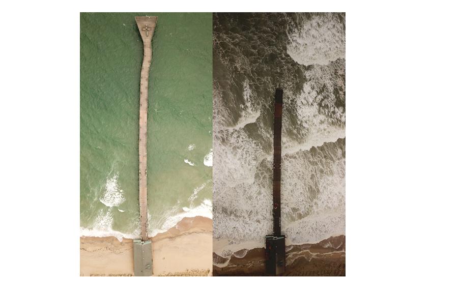 This before-and-after drone shot of Avalon Pier shows the damage done by Hurricane Dorian. The image by Jacob Stewart went viral on social media. PHOTO BY JACOB STEWART/Special to Nighthawk News