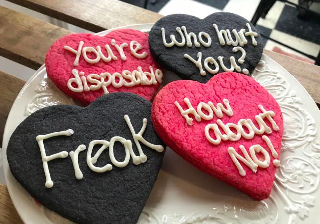 Crust Bakeshop in Worcester creates anti-Valentine's Day cookies every year. / Melissa Hanson 