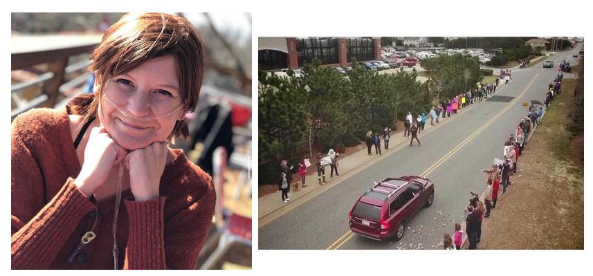 (Left) Tricia Lawrenson smiles for the camera. (Right) On Feb. 16, Outer Banks resident Rebecca Meyers organized a surprise send-off, where 200 people lined the streets for Tricia Lawrenson and her husband, Nathan, as they traveled to Durham in preparation for the third transplant. PHOTOS SUBMITTED BY TRICIA LAWRENSON