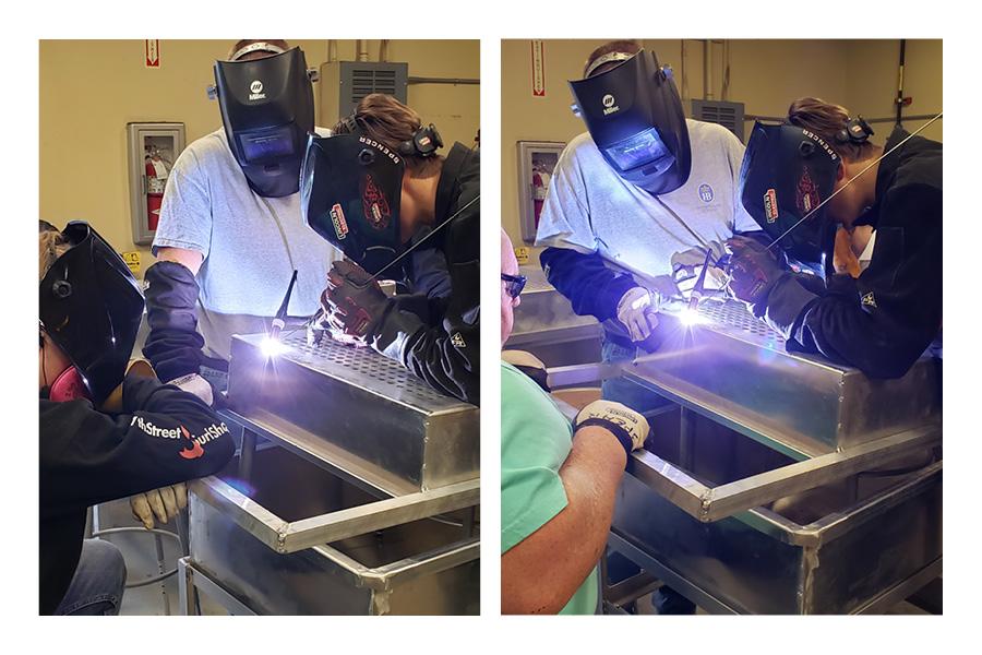 With the help from welding technician and professor Jeff Spear, senior Logan Mclemore welded oyster cookers that the class fabricated for the Coastal Federation and that were used in a fundraising event on Hatteras Island on Mar. 3. PHOTOS SUBMITTED BY JEFF SPEAR